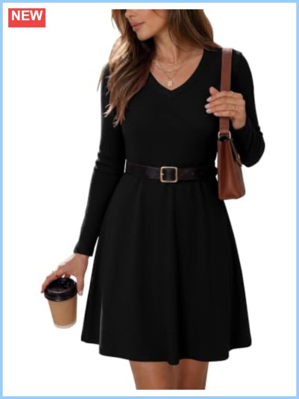 Ribbed Knit V-Neck Sweater Dress Fit & Flare Long Sleeve Mini Pullover